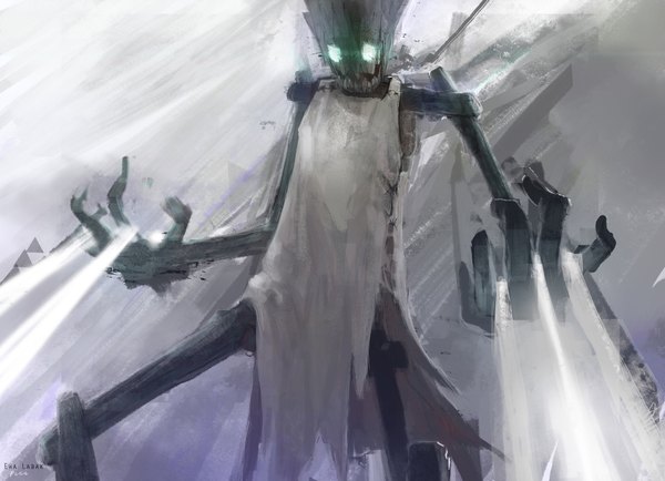 Anime picture 1713x1240 with league of legends fiddlesticks (league of legends) ewalabak highres green eyes signed torn clothes looking down spread arms scarecrow