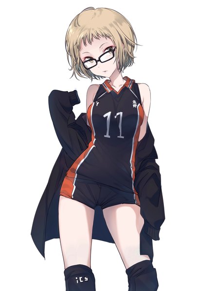 Anime picture 3035x4099 with haikyuu!! production i.g tsukishima kei maruchi single tall image looking at viewer fringe highres short hair breasts blonde hair simple background standing white background bare shoulders brown eyes absurdres ahoge parted lips