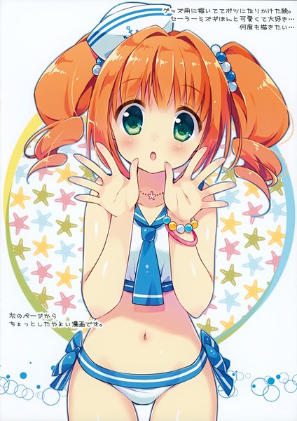 Anime picture 2120x3000 with idolmaster takatsuki yayoi suimya single tall image looking at viewer fringe highres short hair open mouth light erotic white background twintails green eyes orange hair text drill hair short twintails cute sailor swimsuit (idolmaster)