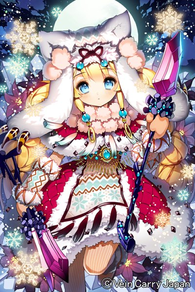 Anime picture 750x1125 with original cherrypin single long hair tall image looking at viewer blue eyes blonde hair twintails sparkle girl dress flower (flowers) moon jewelry staff cap snowflake (snowflakes) crystal
