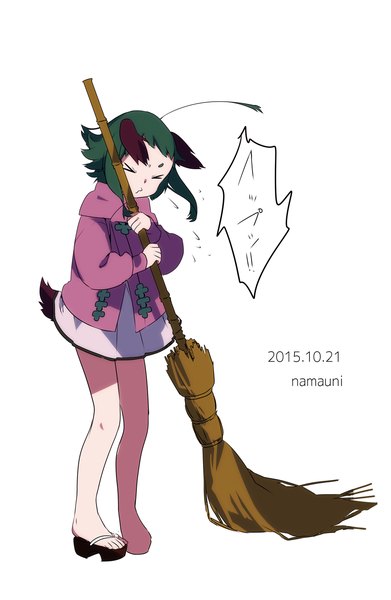 Anime picture 940x1440 with touhou kasodani kyouko namauni single tall image short hair simple background white background signed animal ears ahoge tail eyes closed animal tail green hair dated dog ears > < dog tail dog girl