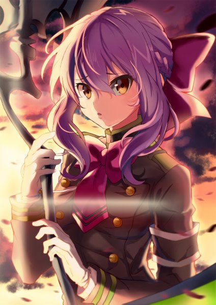 Anime picture 910x1287 with owari no seraph wit studio hiiragi shinoa kagura kurosaki single long hair tall image looking at viewer fringe hair between eyes holding brown eyes payot sky purple hair cloud (clouds) upper body night military girl