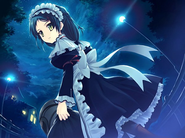 Anime picture 1024x768 with kizuato leaf (studio) takasago rikka black hair green eyes game cg night maid girl