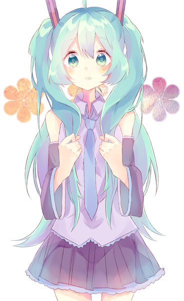 Anime picture 1214x1975 with vocaloid hatsune miku tyanotya single long hair tall image looking at viewer blush white background twintails ahoge aqua eyes aqua hair holding hair girl detached sleeves