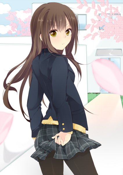 Anime picture 848x1200 with original sakuragi yuzuki single long hair tall image black hair yellow eyes looking back girl skirt uniform school uniform petals pantyhose black pantyhose