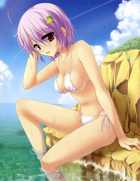 Anime picture 2926x3785 with honey coming shichiri yuma tall image highres short hair light erotic red eyes sitting purple hair ahoge girl swimsuit bikini white bikini