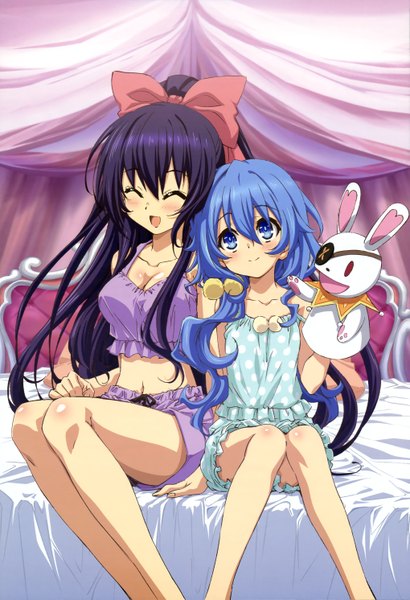 Anime picture 4076x5965 with date a live nyantype yatogami tooka yoshino (date a live) yoshinon long hair tall image blush highres open mouth blue eyes black hair smile sitting multiple girls blue hair absurdres ponytail eyes closed official art