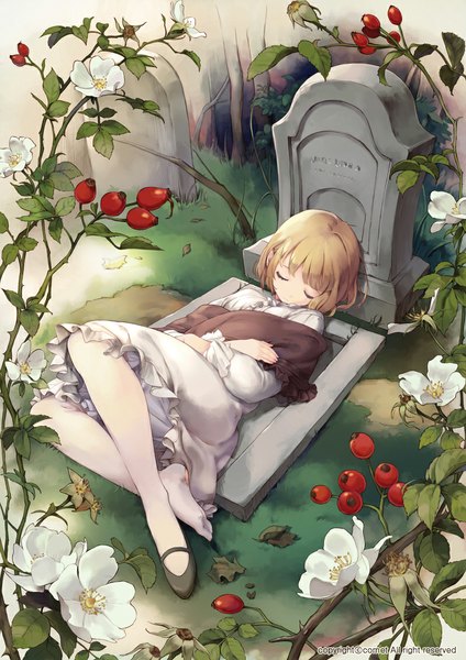 Anime picture 800x1131 with original comet (teamon) single tall image fringe short hair blonde hair lying eyes closed inscription sleeping torn pantyhose single shoe girl dress flower (flowers) plant (plants) pantyhose shoes frills