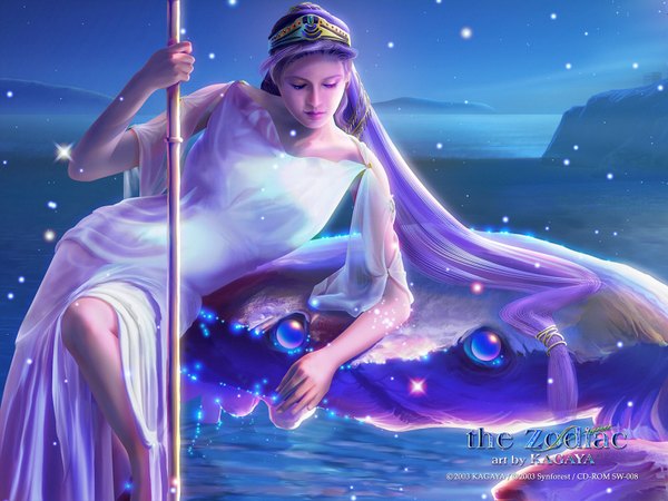 Anime picture 1600x1200 with kagaya long hair purple hair realistic night night sky 3d girl hair ornament water star (stars) staff crab