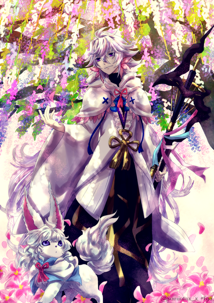 Anime picture 848x1200 with fate (series) fate/grand order fou (fate) merlin (fate) kawasemi sumika tall image fringe hair between eyes purple eyes looking away silver hair very long hair outstretched arm boy flower (flowers) plant (plants) petals tree (trees) tassel creature