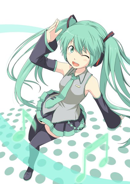 Anime picture 1600x2263 with vocaloid hatsune miku cutefreak long hair tall image open mouth twintails green eyes one eye closed green hair wink girl thighhighs skirt detached sleeves miniskirt necktie vest