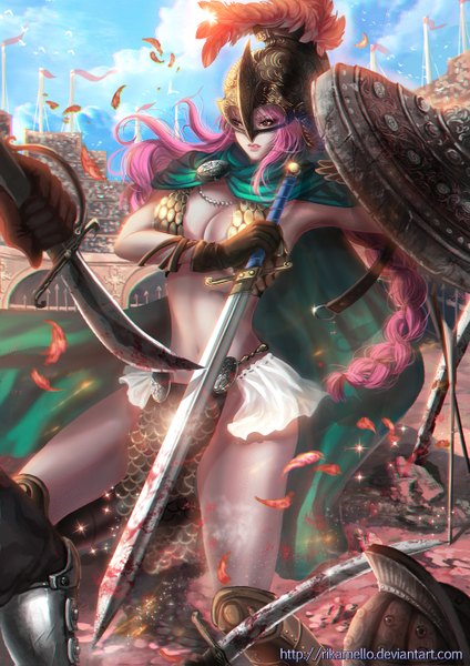 Anime picture 1000x1415 with one piece toei animation rebecca (one piece) rikamello long hair tall image breasts light erotic brown eyes signed pink hair sky cloud (clouds) braid (braids) realistic battle girl gloves weapon petals