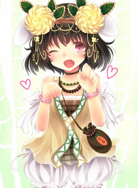 Anime picture 956x1300 with touhou inaba tewi e-co e-co (iko) single tall image looking at viewer blush short hair open mouth black hair red eyes white background animal ears one eye closed wink bunny ears girl hair ornament