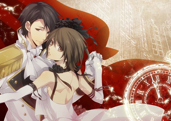Anime picture 1132x800 with original nico nico singer guriri xia (ryugo) black hair brown hair looking back from behind back holding hands dancing formal girl dress boy gloves choker elbow gloves headdress white dress