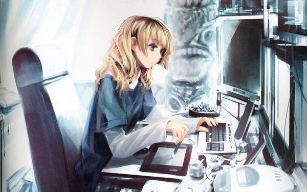 Anime picture 1920x1200 with ein (long cake) long hair fringe highres blonde hair wide image sitting girl cup cigarette armchair monitor computer