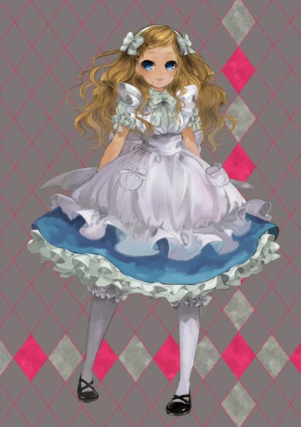 Anime picture 1500x2121 with alice in wonderland alice (wonderland) pisuke single long hair tall image blue eyes blonde hair smile girl dress bow
