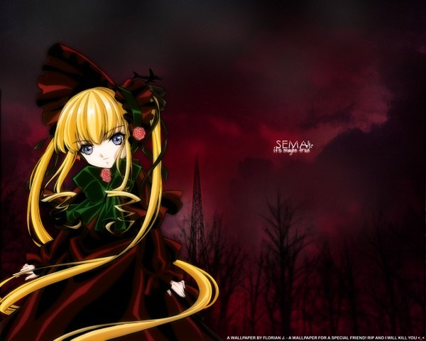 Anime picture 1280x1024 with rozen maiden shinku ishii kumi chrno single fringe blonde hair hair between eyes standing twintails very long hair head tilt grey eyes wallpaper third-party edit bare tree girl dress plant (plants) hat