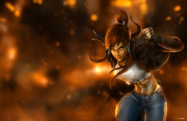 Anime picture 1600x1035 with avatar: the legend of korra korra darren geers single long hair looking at viewer highres blue eyes brown hair ponytail open clothes open jacket torn clothes dark skin running girl gloves navel jacket fire