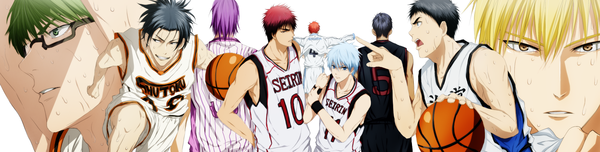 Anime picture 1998x508 with kuroko no basket production i.g kuroko tetsuya kise ryouta aomine daiki akashi seijuurou midorima shintarou murasakibara atsushi kagami taiga takao kazunari kasamatsu yukio inu (pixiv id 91556) short hair open mouth blue eyes black hair blonde hair smile red eyes wide image