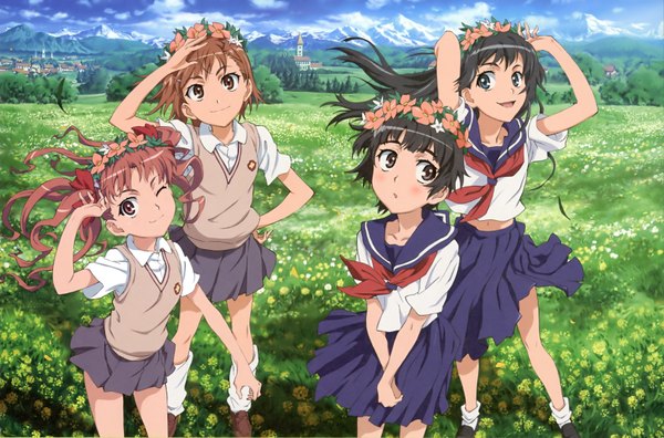 Anime picture 3300x2178 with to aru kagaku no railgun j.c. staff misaka mikoto shirai kuroko saten ruiko uiharu kazari highres black hair brown hair multiple girls pink hair absurdres one eye closed wind wink landscape field girl serafuku 4 girls