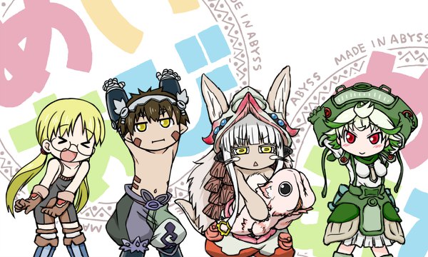 Anime picture 1200x720 with kono subarashii sekai ni shukufuku wo! made in abyss studio deen kinema citrus nanachi (made in abyss) regu (made in abyss) riko (made in abyss) mitty (made in abyss) prushka donoteat long hair blush fringe short hair breasts open mouth blonde hair smile hair between eyes red eyes