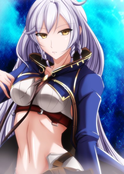 Anime picture 1446x2019 with granblue fantasy silva (granblue fantasy) sho-chan single long hair tall image looking at viewer yellow eyes white hair braid (braids) midriff blue background girl navel