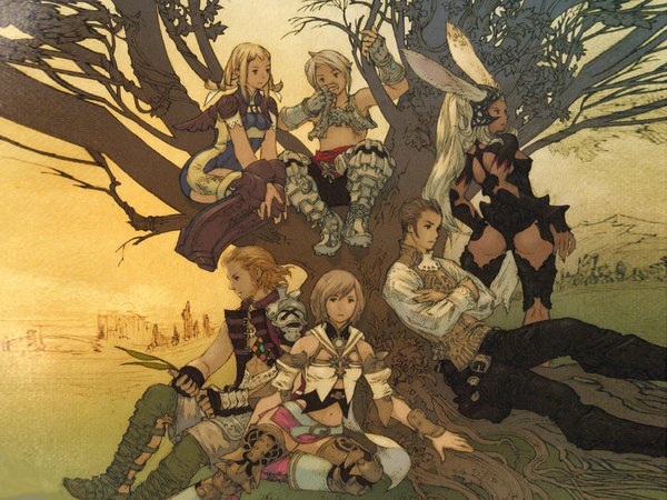 Anime picture 1600x1200 with final fantasy xii fran ashelia b'nargin dalmasca penelo balthier basch fon ronsenburg long hair short hair blonde hair white hair from behind bunny ears group crossed arms plant (plants) tree (trees) armor pants roots