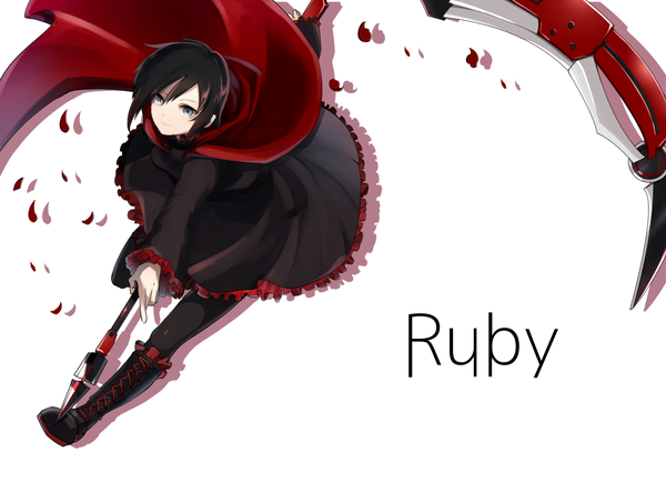 Anime picture 1157x840 with rwby rooster teeth ruby rose mate@juken single looking at viewer fringe short hair black hair simple background hair between eyes standing white background holding payot ahoge long sleeves light smile wide sleeves shadow