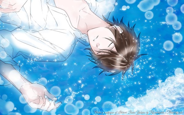 Anime picture 2560x1600 with shinrei tantei yakumo saitou yakumo suzuka oda single highres short hair brown hair wide image lying eyes closed open clothes open shirt blue background sleeping vector partially open clothes boy shirt water white shirt