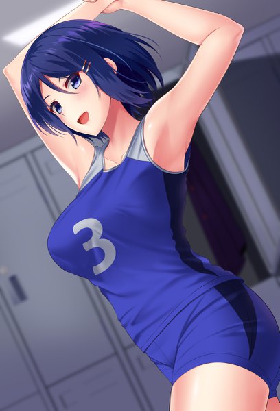 Anime picture 1634x2400 with original huyumitsu single tall image blush fringe short hair breasts open mouth blue eyes smile hair between eyes standing blue hair :d arms up armpit (armpits) locker room girl uniform