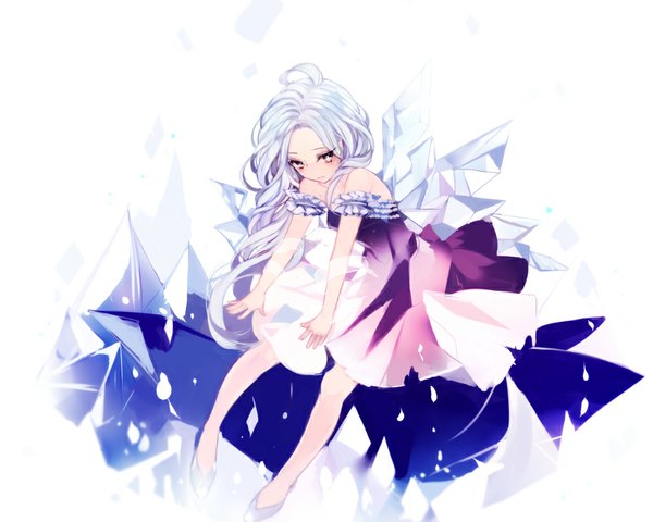 Anime picture 1000x800 with original lpip single long hair blush simple background white background bare shoulders yellow eyes looking away white hair girl dress crystal purple dress