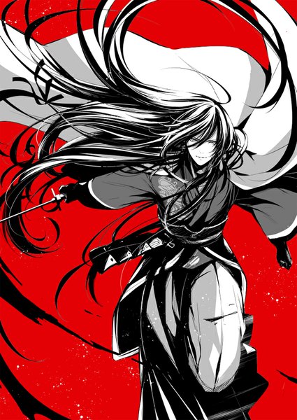 Anime picture 673x950 with touken ranbu nitroplus izuminokami kanesada ringo ame single long hair tall image looking at viewer smile holding braid (braids) traditional clothes japanese clothes monochrome red background androgynous boy gloves weapon sword