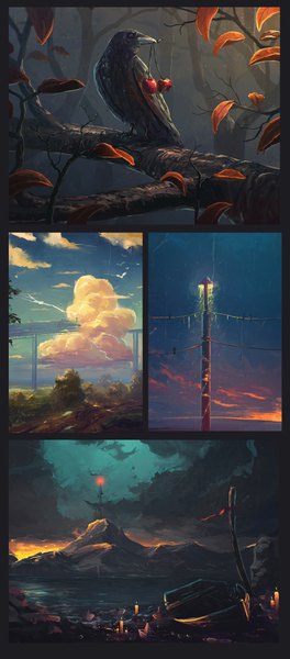 Anime picture 2000x4535 with original sylar113 tall image highres sitting cloud (clouds) wind sunlight night night sky mountain flying no people glow plant (plants) animal tree (trees) water bird (birds) branch