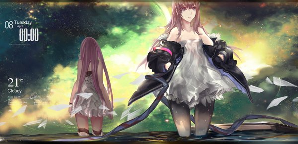 Anime picture 2000x967 with original pixiv fantasia pixiv fantasia fallen kings kiwamu long hair highres wide image purple eyes multiple girls looking away pink hair sky inscription wet fantasy girl 2 girls jacket star (stars) thigh boots