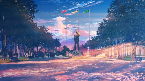 Anime picture 1920x1080 with everlasting summer iichan eroge ikari gendou arsenixc vvcephei highres wide image game cg sky cloud (clouds) sunlight wallpaper no people scenic morning collaboration plant (plants) tree (trees) building (buildings) flag