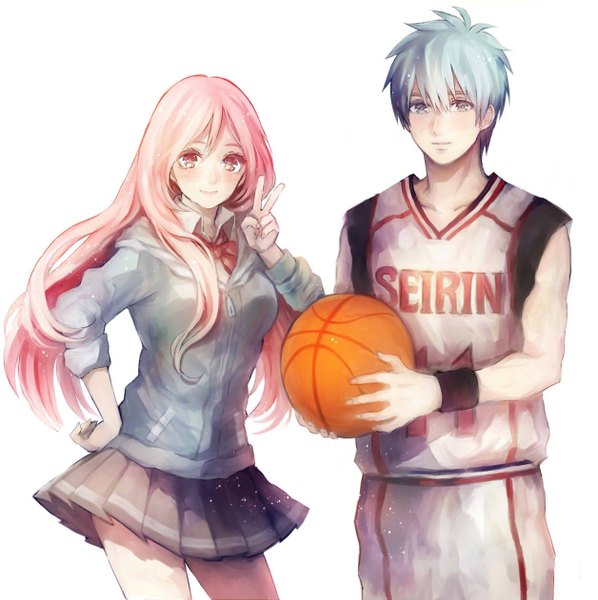 Anime picture 1256x1262 with kuroko no basket production i.g kuroko tetsuya momoi satsuki mukimuki mayuge long hair tall image looking at viewer breasts simple background smile standing white background holding pink hair pleated skirt pink eyes aqua eyes light smile aqua hair