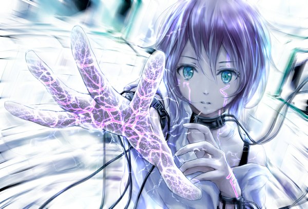 Anime picture 1100x748 with original nuwanko single looking at viewer fringe short hair blue eyes pink hair parted lips fingernails outstretched arm glowing girl collar cable
