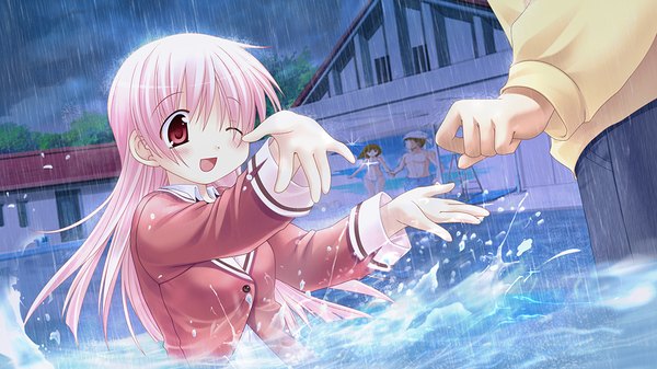 Anime picture 1024x576 with sanarara r nekoneko soft long hair red eyes wide image pink hair game cg rain girl uniform school uniform water