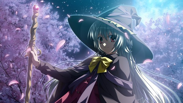 Anime picture 1280x720 with supipara kamishiro alice nanao naru long hair red eyes wide image game cg silver hair cherry blossoms witch girl petals witch hat broom