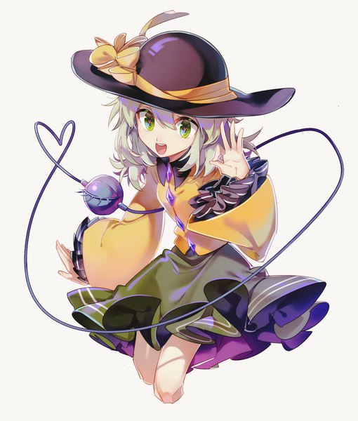 Anime picture 1700x2000 with touhou komeiji koishi aibivy single tall image fringe short hair open mouth simple background hair between eyes white background green eyes looking away grey hair wide sleeves symbol-shaped pupils heart-shaped pupils heart of string ok sign girl