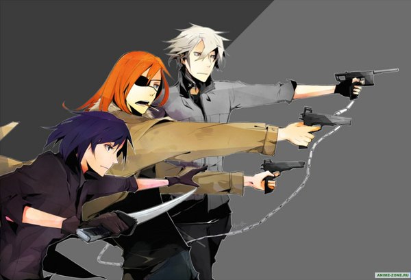 Anime picture 1026x700 with dogs: bullets & carnage david production haine rammsteiner fuyumine naoto badou nails long hair short hair blue eyes black hair brown eyes white hair orange hair grey background group boy gloves weapon sword katana gun