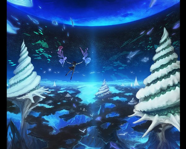 Anime picture 1024x819 with original rel black hair holding hands underwater scenic girl uniform school uniform moon fish (fishes) seashell