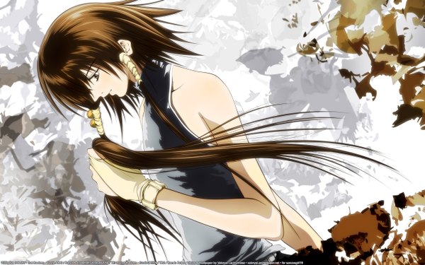 Anime picture 2560x1600 with getbackers studio deen fuuchouin kazuki single long hair fringe highres brown hair wide image bare shoulders holding brown eyes otoko no ko boy gloves