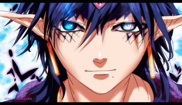 Anime picture 1280x740 with magi the labyrinth of magic a-1 pictures ren hakuryuu ar-ua single long hair looking at viewer blue eyes simple background smile red eyes wide image signed blue hair pointy ears mole grey eyes heterochromia facial mark letterboxed