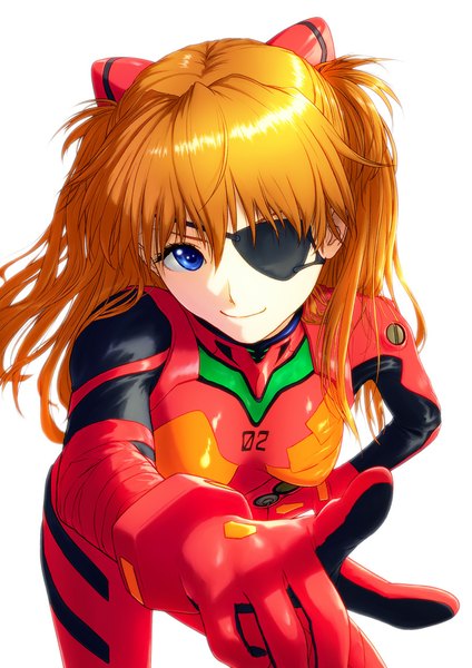 Anime picture 814x1152 with neon genesis evangelion gainax soryu asuka langley shin (world 3000) single long hair tall image looking at viewer blue eyes simple background smile white background twintails orange hair hand on hip girl eyepatch pilot suit