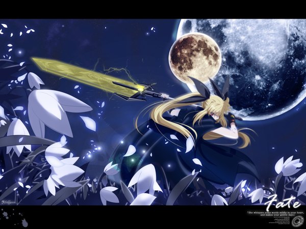 Anime picture 1600x1200 with mahou shoujo lyrical nanoha fate testarossa bardiche takeuchi takashi solwyvern single long hair looking at viewer highres blonde hair red eyes twintails signed wallpaper text letterboxed english vector third-party edit girl