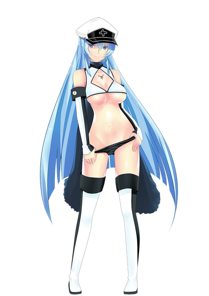 Anime picture 744x1052 with akame ga kill! white fox esdeath froznkamui single long hair tall image breasts blue eyes light erotic blue hair full body transparent background girl navel underwear panties thigh boots peaked cap