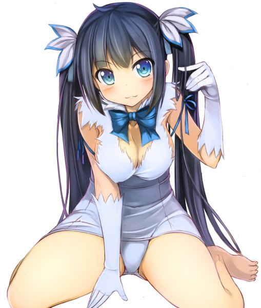 Anime picture 1042x1228 with dungeon ni deai wo motomeru no wa machigatteiru darou ka j.c. staff hestia (danmachi) kageira single long hair tall image looking at viewer blush breasts blue eyes light erotic black hair twintails cleavage rei no himo girl gloves underwear panties