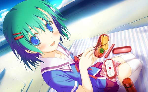 Anime picture 2048x1280 with irotoridori no sekai toumine tsukasa shida kazuhiro blush highres short hair blue eyes wide image game cg green hair girl uniform school uniform food obento omelet tamagoyaki