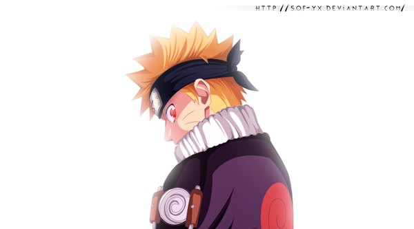 Anime picture 1000x556 with naruto studio pierrot naruto (series) uzumaki naruto sof-yx single short hair blonde hair simple background red eyes wide image white background profile looking back coloring facial mark whisker markings jinchuriki boy vest